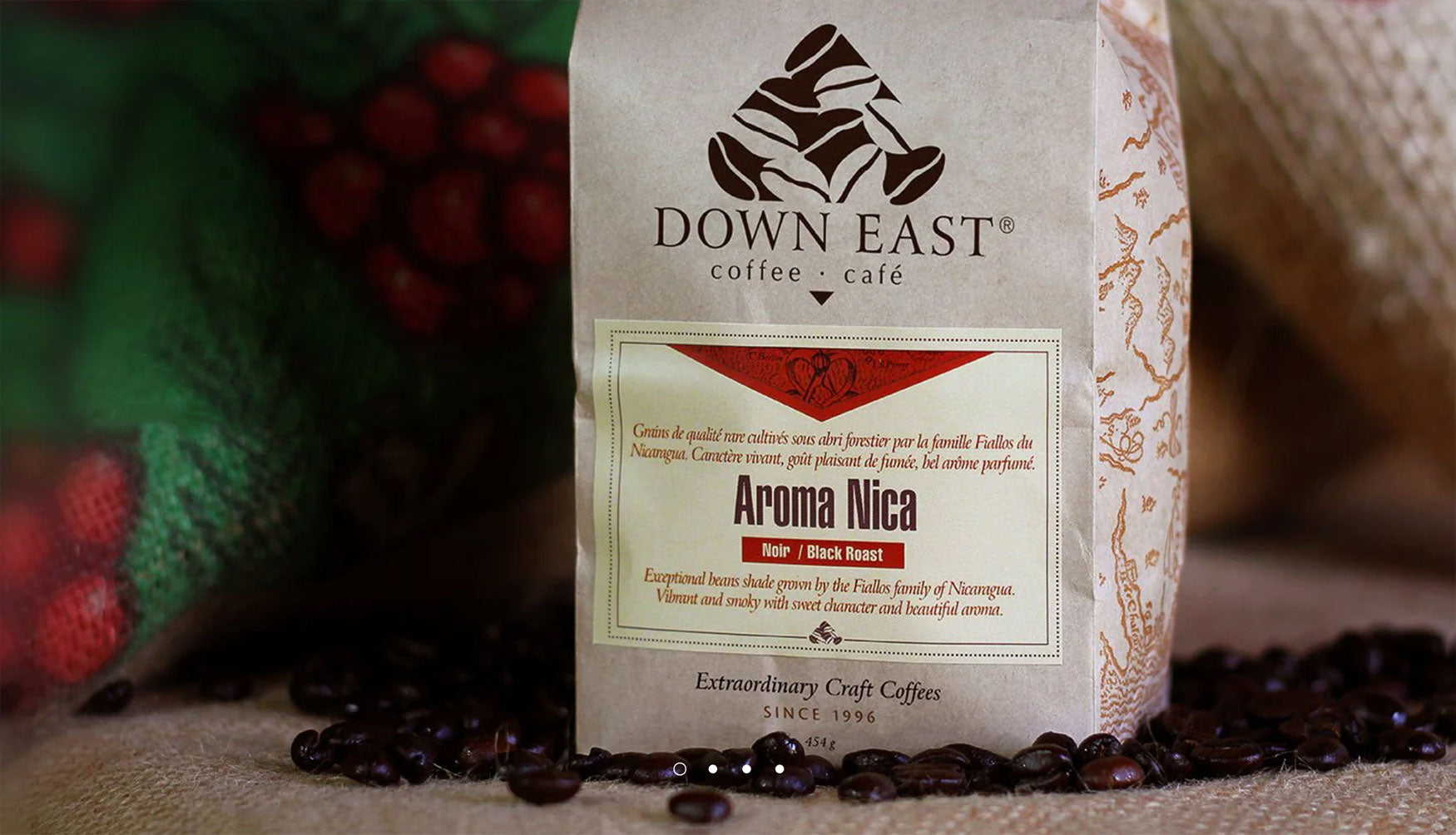 Aroma Nica coffee bean pouch at Down East Coffee Roasters