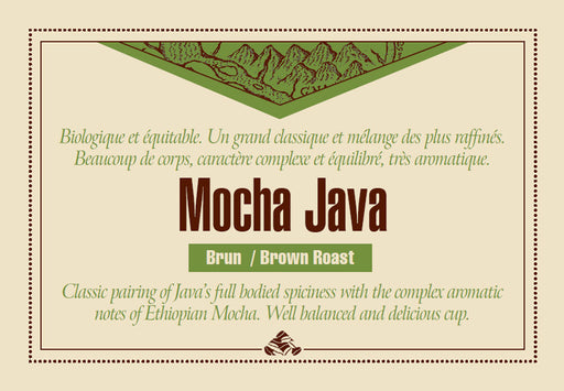 Mocha Java Organic Fair Trade coffee label