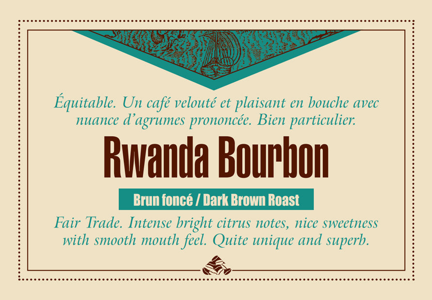 Rwanda AA Bourbon coffee beans label, dark brown roast